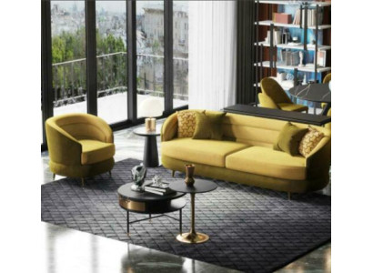 Divano design Lounge in velluto giallo con divano a 3 posti + 1 poltrona.