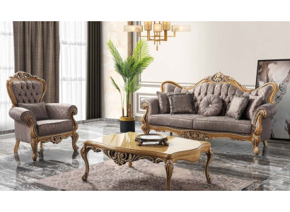 Chesterfield Set di divani a 3 posti, poltrona, tavolino in stoffa grigio.