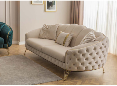 Moderno set di divani Chesterfield colore beige per soggiorno x2 poltrone imbottite a 3 posti