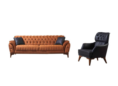 Arancione-nero Chesterfield Set di lusso con divano a tre posti e poltrona 2 pezzi.