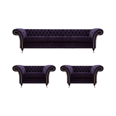 Soggiorno Set di lusso 3 pezzi Arredamento Viola Completo Mobili imbottiti Chesterfield