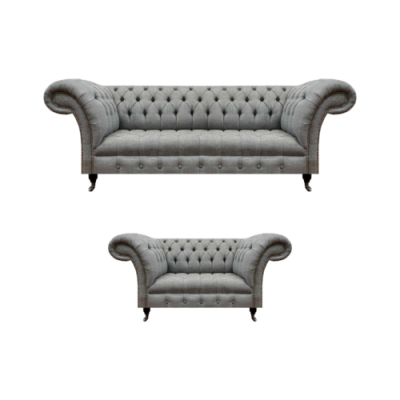 Chesterfield grigio set soggiorno completo divano a tre posti poltrona di lusso nuovo