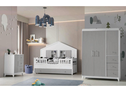 Set camera da letto per bambini di 3 pezzi: cassettiera, armadio, letto chiaro