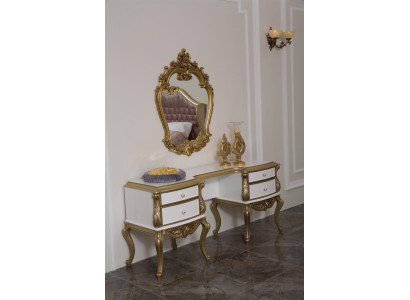 Tavolo da toeletta reale con specchio barocco, console in legno 2 pezzi.