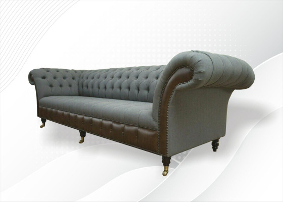 Chesterfield 4 posti in tessuto grigio, design soggiorno, divano imbottito grande in tessuto.