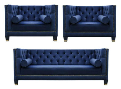 Chesterfield Set divano blu 3 pezzi poltrone imbottite gruppo.