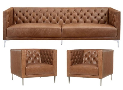 Braun Chesterfield 2 poltrone in pelle design moderno Divano Nuovo Set di mobili creativi Sofa